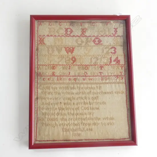 A small framed antique alphabet sampler, by Elizabeth Lane 1838 - has some wear and discolouration 235 x 310mm